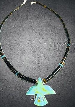 VTG Native American Santo Domingo Brown Turquoise Bead Necklace Carved Eagle