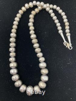 VTG Native American Ster. Silver Hand Stamped Bench Navajo Pearls Graduated 24
