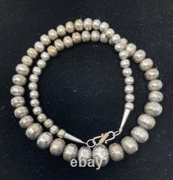 VTG Native American Ster. Silver Hand Stamped Bench Navajo Pearls Graduated 24