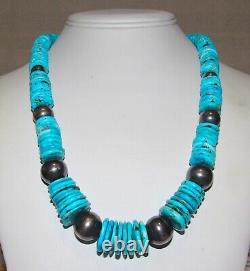 VTG Navajo Rolled Kingman Turquoise & Sterling Beads Heishi Necklace