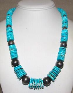 VTG Navajo Rolled Kingman Turquoise & Sterling Beads Heishi Necklace