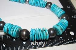 VTG Navajo Rolled Kingman Turquoise & Sterling Beads Heishi Necklace