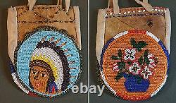 Very Fine 1920's Native American Plains 2 Sided Beaded Bag Chief & Flowers