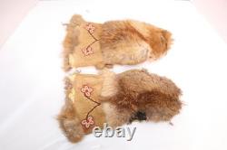 Very OLD Native American Beaded Floral Pattern Leather Buckskin Gauntlet Mittens