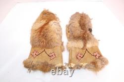Very OLD Native American Beaded Floral Pattern Leather Buckskin Gauntlet Mittens