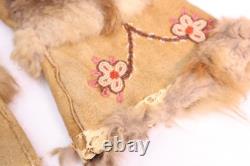 Very OLD Native American Beaded Floral Pattern Leather Buckskin Gauntlet Mittens