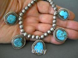 Vibrant Native American Navajo Turquoise 5-Stone Sterling Silver Bead Necklace