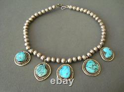 Vibrant Native American Navajo Turquoise 5-Stone Sterling Silver Bead Necklace