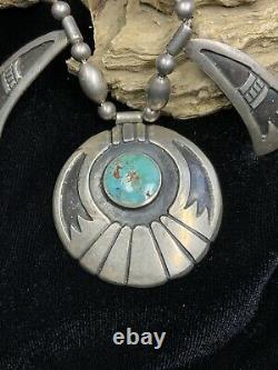 Vintage 1940s Hopi Sterling Silver & Turquoise Squash Blossom Necklace, 55.0g