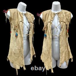 Vintage 1960s/70s Kids Leather Whipstitch Native American Beaded Fringe Vest