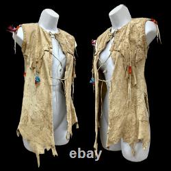 Vintage 1960s/70s Kids Leather Whipstitch Native American Beaded Fringe Vest