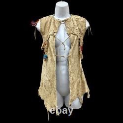 Vintage 1960s/70s Kids Leather Whipstitch Native American Beaded Fringe Vest