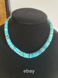 Vintage 1970's Sterling Silver & Kingman Turquoise Heishi Bead Choker Necklace