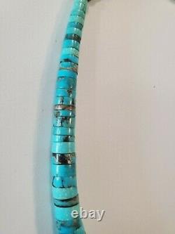 Vintage 1970's Sterling Silver & Kingman Turquoise Heishi Bead Choker Necklace