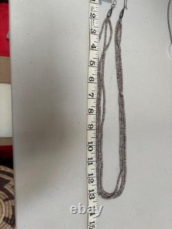Vintage 1970s Native American 3 Strand Heishi Hand Beaded Necklace Silver Clasp