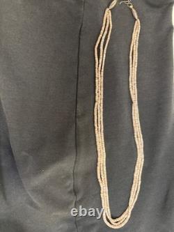 Vintage 1970s Native American 3 Strand Heishi Hand Beaded Necklace Silver Clasp