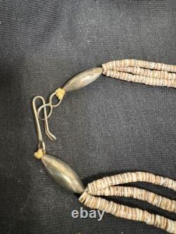 Vintage 1970s Native American 3 Strand Heishi Hand Beaded Necklace Silver Clasp