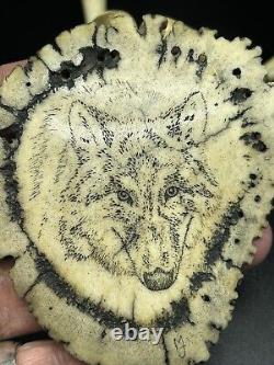 Vintage 24 Native American Etched Wolf on Bone Beaded Leather Necklace`