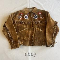 Vintage 60s Deer Skin Leather Fringe Native American Beaded Jacket Large