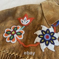 Vintage 60s Deer Skin Leather Fringe Native American Beaded Jacket Large