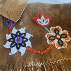 Vintage 60s Deer Skin Leather Fringe Native American Beaded Jacket Large