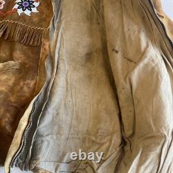 Vintage 60s Deer Skin Leather Fringe Native American Beaded Jacket Large