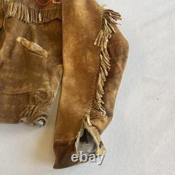 Vintage 60s Deer Skin Leather Fringe Native American Beaded Jacket Large