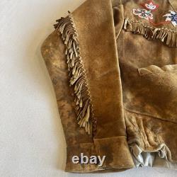 Vintage 60s Deer Skin Leather Fringe Native American Beaded Jacket Large