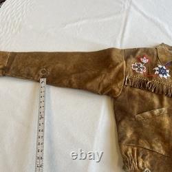 Vintage 60s Deer Skin Leather Fringe Native American Beaded Jacket Large