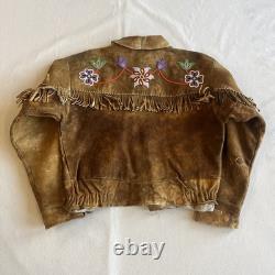 Vintage 60s Deer Skin Leather Fringe Native American Beaded Jacket Large