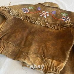 Vintage 60s Deer Skin Leather Fringe Native American Beaded Jacket Large