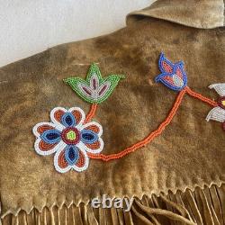 Vintage 60s Deer Skin Leather Fringe Native American Beaded Jacket Large