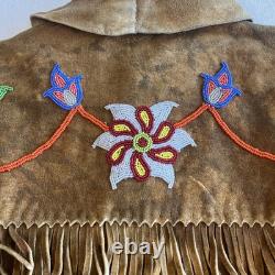 Vintage 60s Deer Skin Leather Fringe Native American Beaded Jacket Large