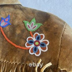 Vintage 60s Deer Skin Leather Fringe Native American Beaded Jacket Large