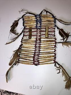 Vintage American Indian Breast Plate Very Old, Bone, Beads, Leather & Feathers