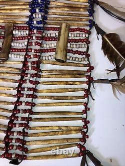 Vintage American Indian Breast Plate Very Old, Bone, Beads, Leather & Feathers