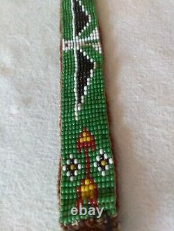 Vintage Antique BEADED Indian Green White & Red Headband