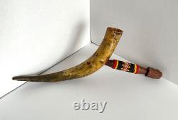 Vintage Antique Native American Horn Pipe With Beaded Handle 17 Length