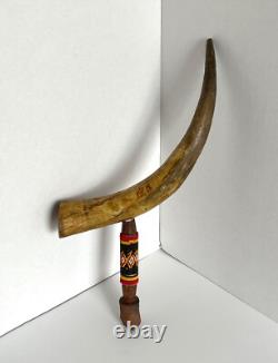 Vintage Antique Native American Horn Pipe With Beaded Handle 17 Length