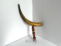 Vintage Antique Native American Horn Pipe With Beaded Handle 17 Length