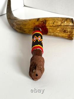 Vintage Antique Native American Horn Pipe With Beaded Handle 17 Length