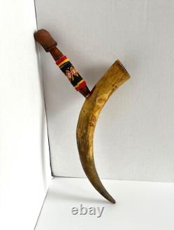 Vintage Antique Native American Horn Pipe With Beaded Handle 17 Length