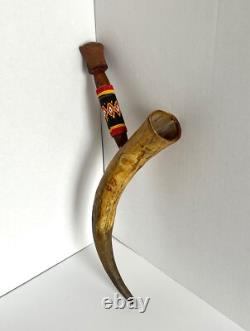 Vintage Antique Native American Horn Pipe With Beaded Handle 17 Length