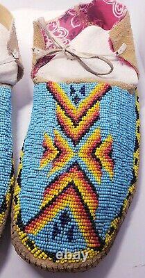 Vintage Authentic Full Beaded Moccasins Blue Native American Indian 11