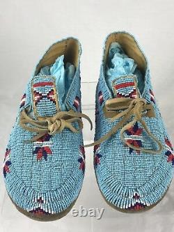 Vintage Authentic Souix Tribe Full Beaded Moccasins Blue Native American Indian