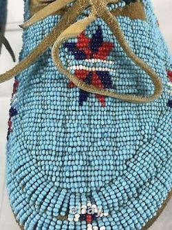 Vintage Authentic Souix Tribe Full Beaded Moccasins Blue Native American Indian