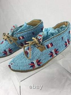 Vintage Authentic Souix Tribe Full Beaded Moccasins Blue Native American Indian