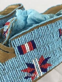 Vintage Authentic Souix Tribe Full Beaded Moccasins Blue Native American Indian