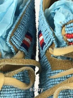 Vintage Authentic Souix Tribe Full Beaded Moccasins Blue Native American Indian