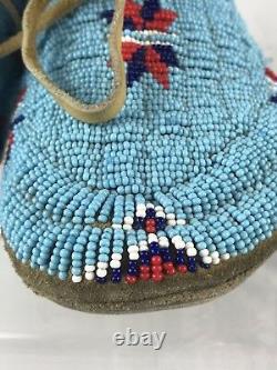 Vintage Authentic Souix Tribe Full Beaded Moccasins Blue Native American Indian